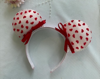PINK Felt Heart BOW Mouse Ears: Coquette pearl Valentines Day Park Headband