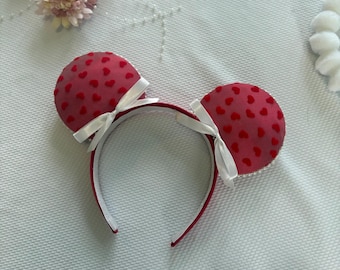 RED Felt Heart BOW Mouse Ears: Coquette Pearl Valentines Day Park Headband