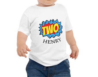 Super hero T shirt, TWO 2nd Birthday T shirt, Personalized Boy's & girl's TWO Birthday Party. Baby Jersey Short Sleeve