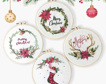 チュートリアル付きクリスマス刺繍キット初心者向け/DIYクラフトキット/フル刺繍キット/刺繍パターン付きクリスマスリース