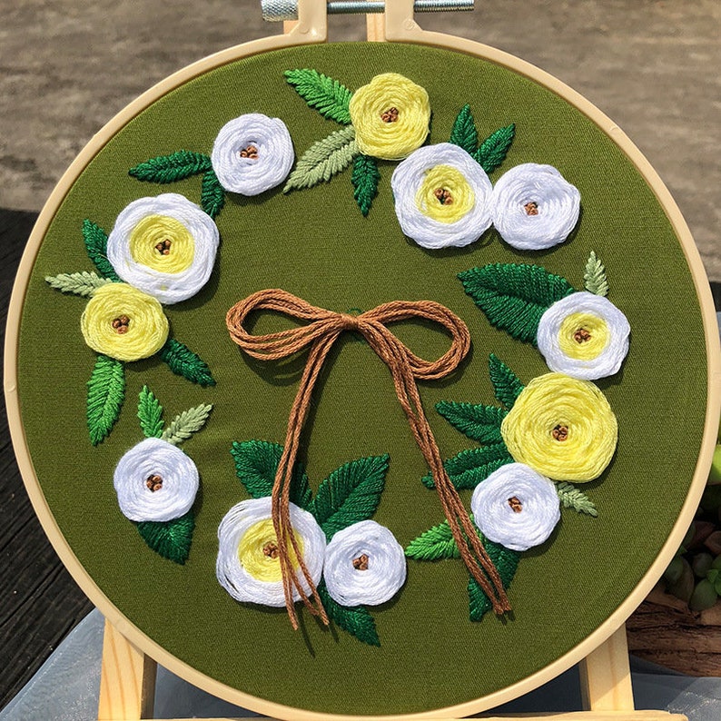 Flower Bouquet Embroidery Setgreen Plants Beginner Embroidery Etsy