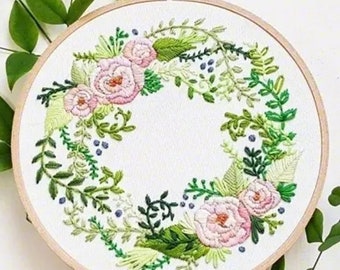 Wreath embroidery setGreen plants Beginner Embroidery Kit,Embroidery Kit,Flowers Embroidery Kit,