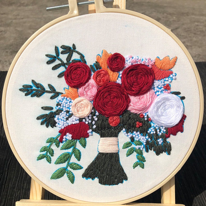 Flower Bouquet Embroidery Setgreen Plants Beginner Embroidery Etsy