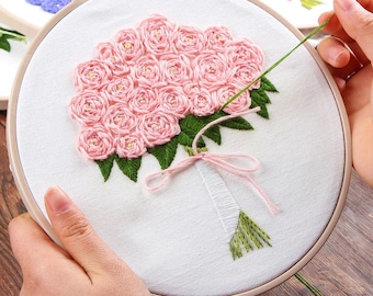 Beginner Embroidery Kit Modern Flower,Hand Embroidery Full Kit - DIY Needlework Kit - Modern Floral Pattern - DIY Flower Embroidery Hoop