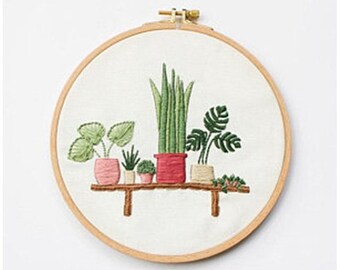 Green plants Beginner Embroidery Kit,Embroidery Kit,Flowers Embroidery Kit,DIY Floral Needlepoint Hoop Wall Art Kit