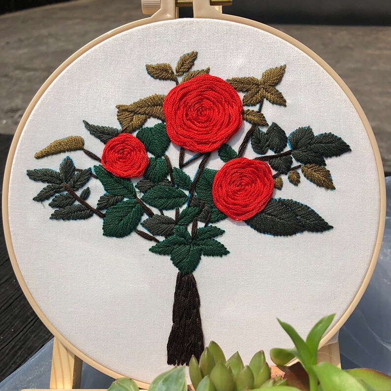 Flower Bouquet Embroidery Setgreen Plants Beginner Embroidery Etsy