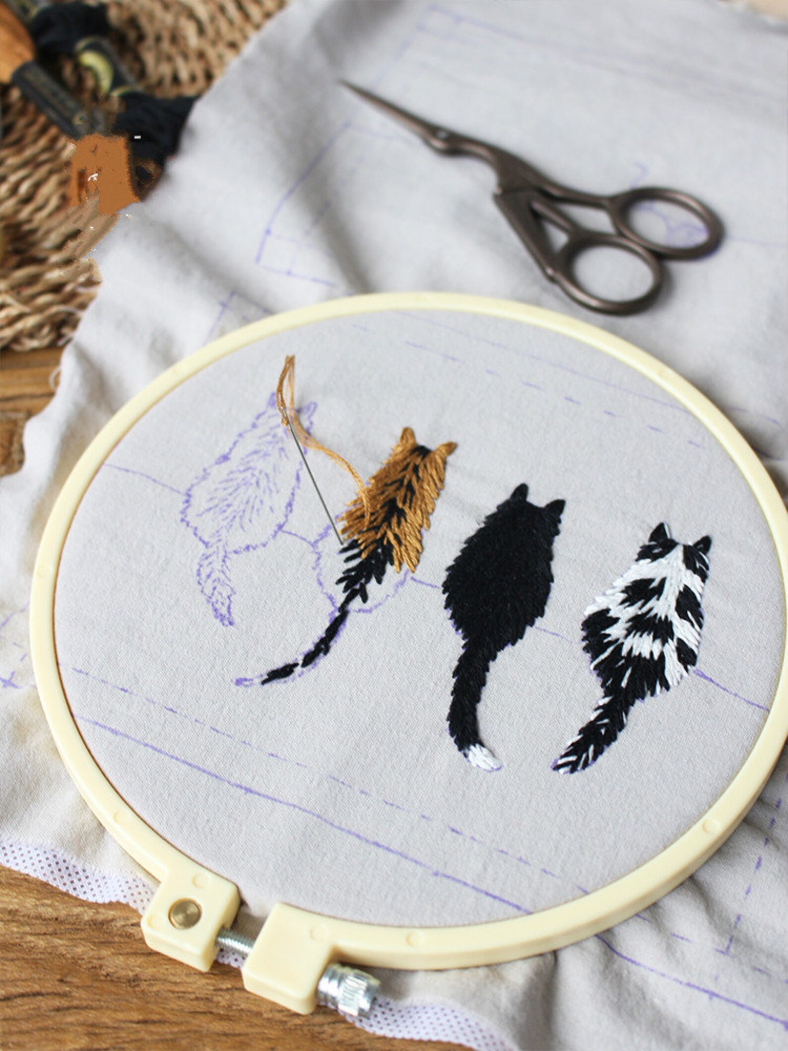 Beginner Embroidery Kit Bag Cute 4 Cats Diy Embroidery Kit for Etsy