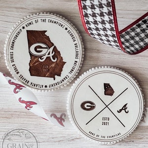 National Championship | Atlanta Braves & UGA Championship Coasters | Engraved | white beaded wood | Set of 4