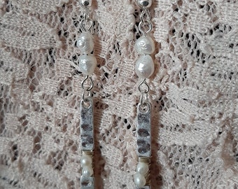 Hammered Metal and Pearl Long Handmade Beaded Dangle Earrings