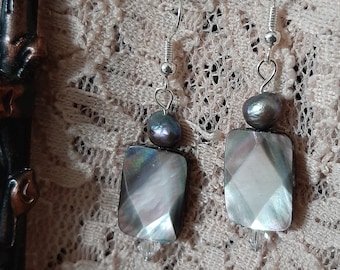 Faceted Rectangle Black Lip Shell, Pearl and Swarovski Crystal Handmade Beaded Dangle Earrings
