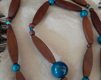 Wood, Acrylic and Crystal Infinity Necklace Handmade Beaded Brown and Blue Necklace Jewelry for Women