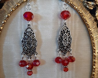 Red and Silver Dangle Earrings Handmade Beaded Chandelier Earrings Jewelry for Women