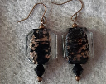 Black and Copper Rectangle Glass Drop Earrings Handmade Beaded Glass Dangle Earrings Jewelry for Women