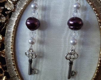 Purple Glass Pearl and Silver Key Handmade Beaded Dangle Earrings Glass Pearl Bead Drop Earrings with Key Charm for Women