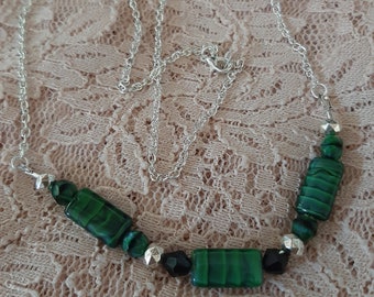 Green and Black Bead and Chain Handmade Beaded Necklace