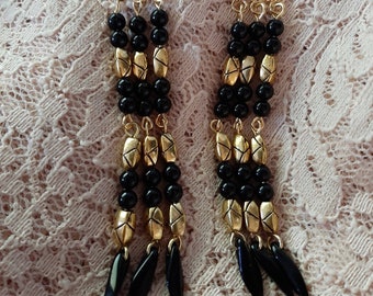 Black and Gold Long Dangle Earrings Handmade Beaded Long Earrings for Women