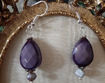 Purple Glass Teardrop and Silver Freshwater Pearl Handmade Beaded Dangle Earrings