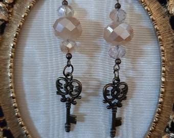 Peach and Opal Gold Key Dangle Earrings Handmade Beaded Drop Earrings for Women