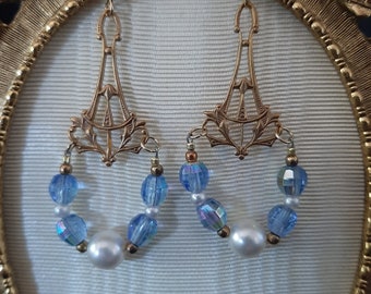 Blue Crystal and Glass Pearl Handmade Beaded Dangle Chandelier Earrings