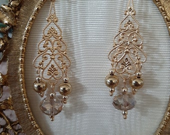 Gold Filigree Chandelier Dangle Earrings with Gold Drops and Glass Crystal Beads