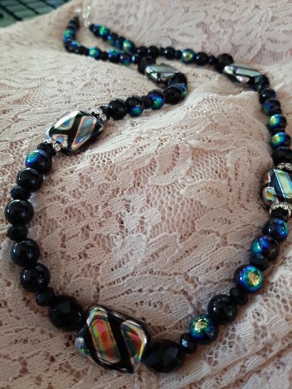 Handmade Beaded Necklace Black Iridescent Rainbow Glass Bead | Etsy