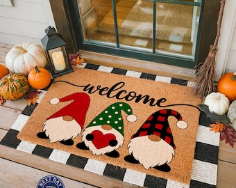 Coir Doormat, Gnomes Welcome, Rustic Christmas Entrance Mat