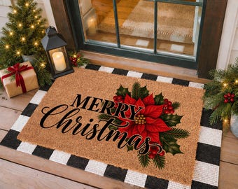 Floral Merry Christmas Doormat, Realtor Gift, Holiday Welcome Mat