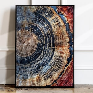 May include: A close-up of a tree trunk cross-section, showing the intricate rings and patterns of the wood. The colors range from deep blue and brown to reddish-orange.