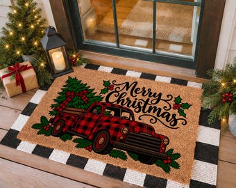 Merry Christmas Doormat, Holiday Door Mat, Winter Home Decor, Closing Gift, Holiday Truck