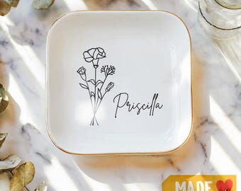 Custom Trinket Dish, Personalized Birth Flower Ring Dish, Birthday Flower Trinket  Dish, Birth Flower Trinket Dish, Colorful Jewelry Dish