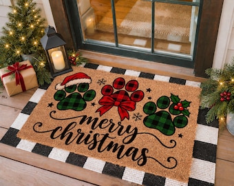 Merry Christmas Doormat, Winter Welcome Mat, Dog Owner Gift