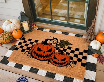 Checkered Pumpkin Doormat, Fall Welcome Mat,  Scary Home Decor