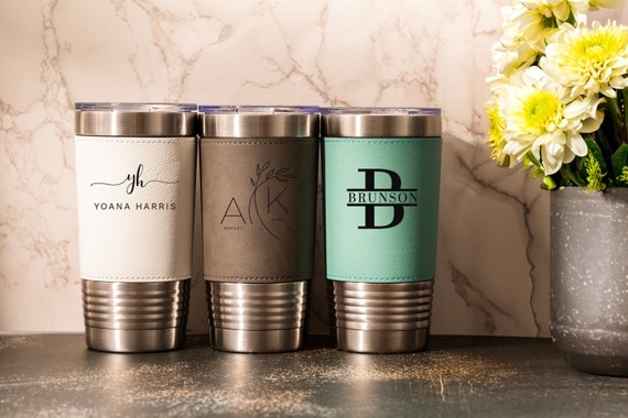 Personalized Tumbler, Custom Leather Tumbler, Engraved Mug, Gift For Him, Christmas Gift, Groomsmen Gift, Travel Mug, Gift For Her