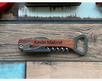 Engraved corkscrew opener, Personalized wood bottle opener, Wine corkscrew, custom bottle opener, Groomsman bottle openers, Laser Engraved