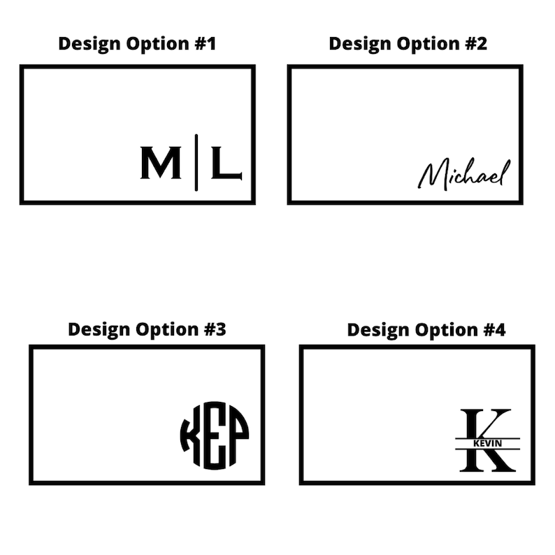 May include: Four design options for a personalized nameplate. The first option shows the initials "M|L" in a bold font. The second option shows the name "Michael" in cursive script. The third option shows the monogram "K.E.P." in a circle. The fourth option shows the letter "K" with a horizontal line through it and the word "KEVIN" written below.