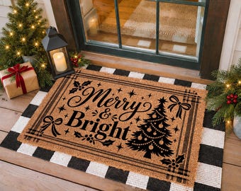 Merry and  Bright Doormat, Natural Coir Welcome Mat, Holiday Home Decor