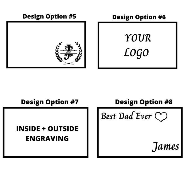 Puede incluir: Cuatro opciones de dise&ntilde;o diferentes para grabar en una caja de madera. La opci&oacute;n 1 presenta un monograma con una corona de laurel. La opci&oacute;n 2 muestra el texto "YOUR LOGO". La opci&oacute;n 3 muestra el texto "INSIDE + OUTSIDE ENGRAVING". La opci&oacute;n 4 muestra el texto "Best Dad Ever" con un coraz&oacute;n y el nombre "James" debajo.