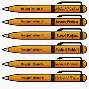 May include: Six different design options for a personalized pen with the name "Michael Pickford" printed on the side. The pens are orange and black.