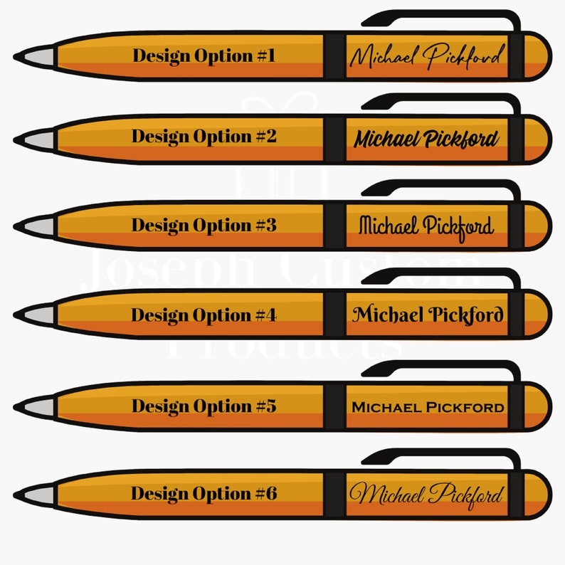 May include: Six different design options for a personalized pen with the name "Michael Pickford" printed on the side. The pens are orange and black.