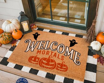 Welcome Mortals Doormat, Pumpkin Decor, Halloween Welcome Mat