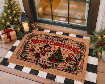 Christmas Snowman Doormat, Coir Mat, Pine Tree, Holiday Decor