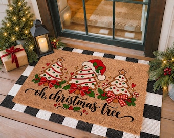 Christmas Tree Doormat, Coir Front Porch Decor, Holiday Greeting
