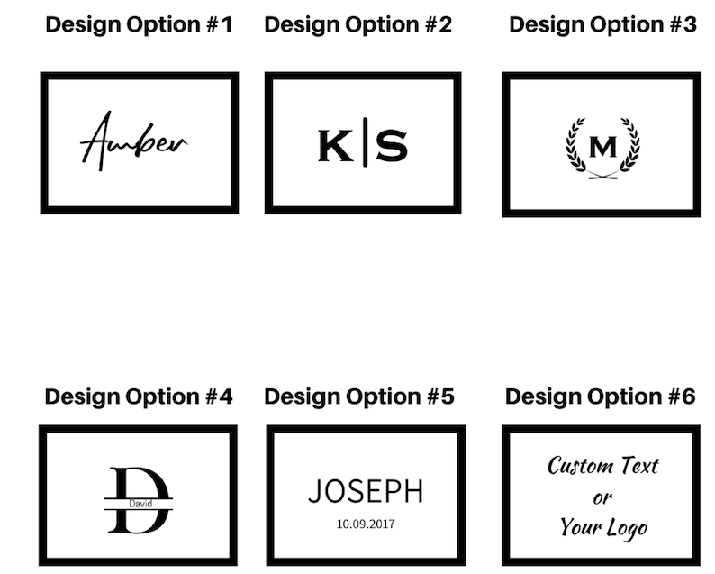 Puede incluir: Seis opciones de dise&ntilde;o diferentes para una placa de nombre personalizada. Las opciones incluyen un nombre escrito a mano, iniciales, un monograma con una corona de laurel, una sola inicial con un nombre debajo, un nombre con una fecha y un espacio para texto personalizado o un logotipo.
