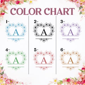 Op de afbeelding: Een kleurenkaart met zes bloemenmonogramontwerpen. Elk ontwerp bevat de letter "A" in een bloemenkrans in de vorm van een hart. De kleuropties zijn blauw, zwart, paars, groen, rood en goud. De tekst "COLOR CHART" staat bovenaan.