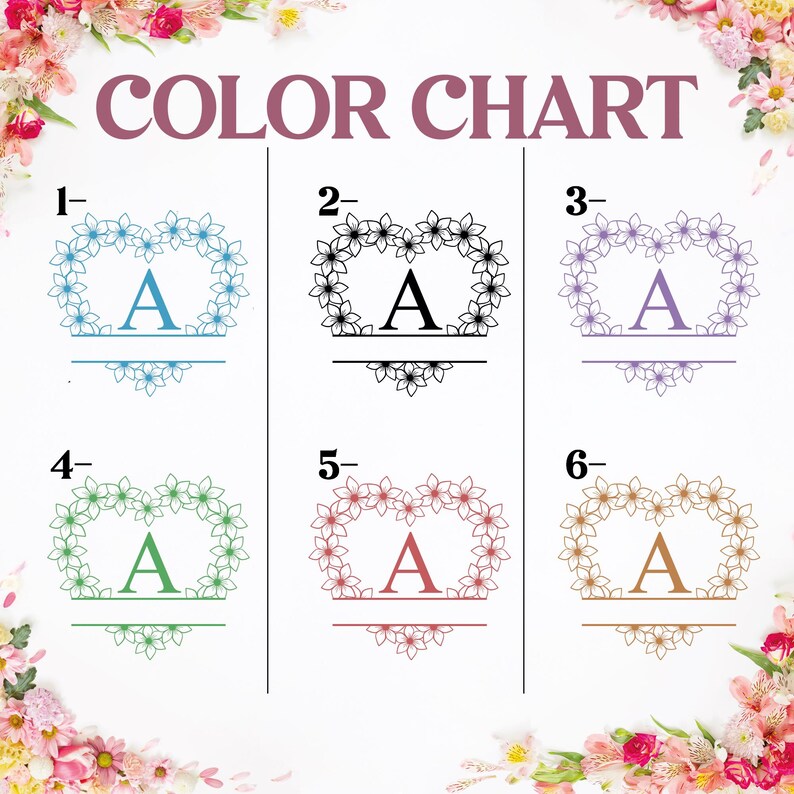 Op de afbeelding: Een kleurenkaart met zes bloemenmonogramontwerpen. Elk ontwerp bevat de letter "A" in een bloemenkrans in de vorm van een hart. De kleuropties zijn blauw, zwart, paars, groen, rood en goud. De tekst "COLOR CHART" staat bovenaan.