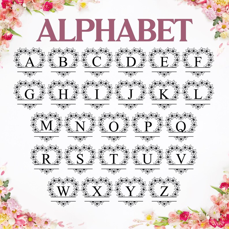 Op de afbeelding: Alfabetletters A t/m Z, elk in een bloemvormige hartvormige lijst. Het woord "ALPHABET" staat in mauve bovenaan. Het ontwerp staat tegen een witte achtergrond met bloemaccenten.