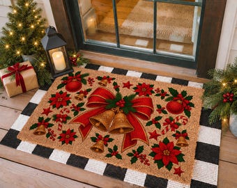 Christmas Red Bow Doormat, Natural Coir Welcome Mat, Holiday Home Decor
