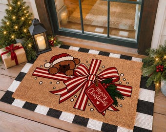 Merry Christmas Doormat, Realtor Gift, Bow Print Welcome Mat