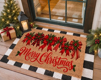 Merry Christmas Doormat with Bows, Realtor Gift, Holiday Welcome Mat