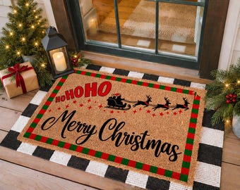 Merry Christmas Doormat with Santa Sleighs, Holiday Door Mat, Winter Home Decor, Closing Gift